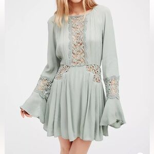 Free People Sunkissed Mini Dress in Light Sage Green size 4 Lace Details $118